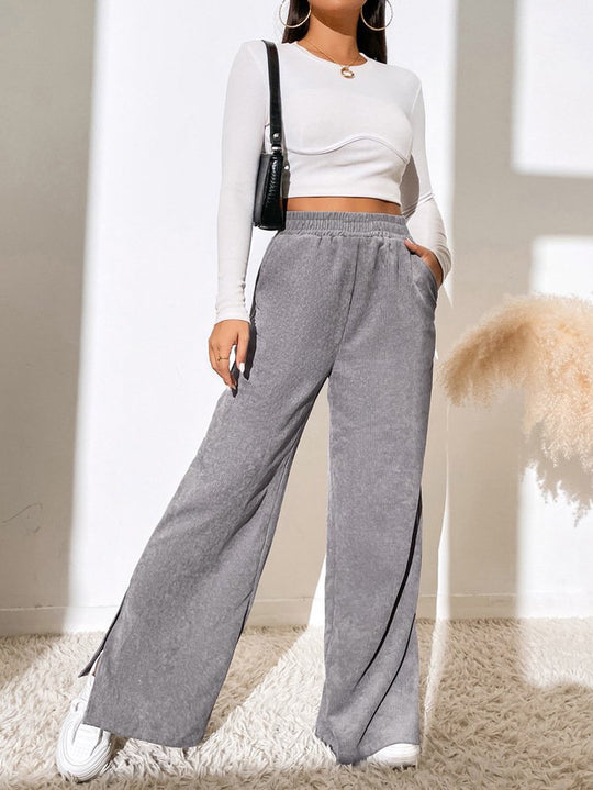 Damen Weite High‑Waist Cordoptik-Loungehose mit elastischem Bund und Seitenschlitzen Shop Nory