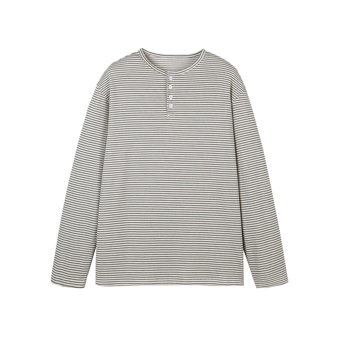 Unisex Gestreiftes Henley-Langarmshirt mit Knopfleiste und Oversize-Schnitt Shop Nory