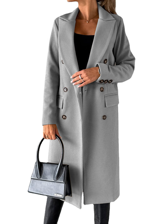 Damen klassischer langer Doppelreiher Mantel mit Reverskragen und Pattentaschen Shop Nory
