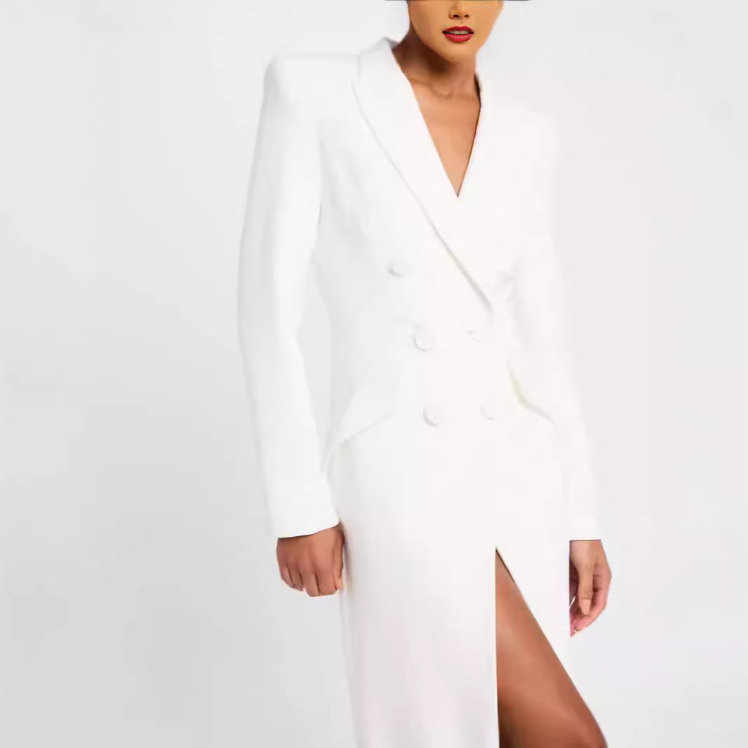 Damen Blazerkleid Maxikleid mit Doppelreiher, taillierter Silhouette und hohem Frontschlitz Shop Nory
