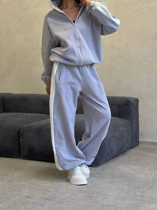 Damen weites Zip-Sweatset mit Kapuze, hohen Bund und seitlichem Kontraststreifen Shop Nory
