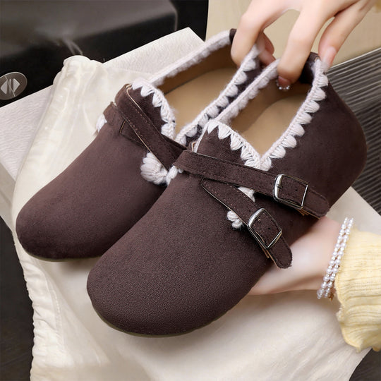 Damen nan Veloursledrige Hausschuh-Mokassin mit dekorativem Häkelrand und verstellbaren Doppelschnallen Shop Nory