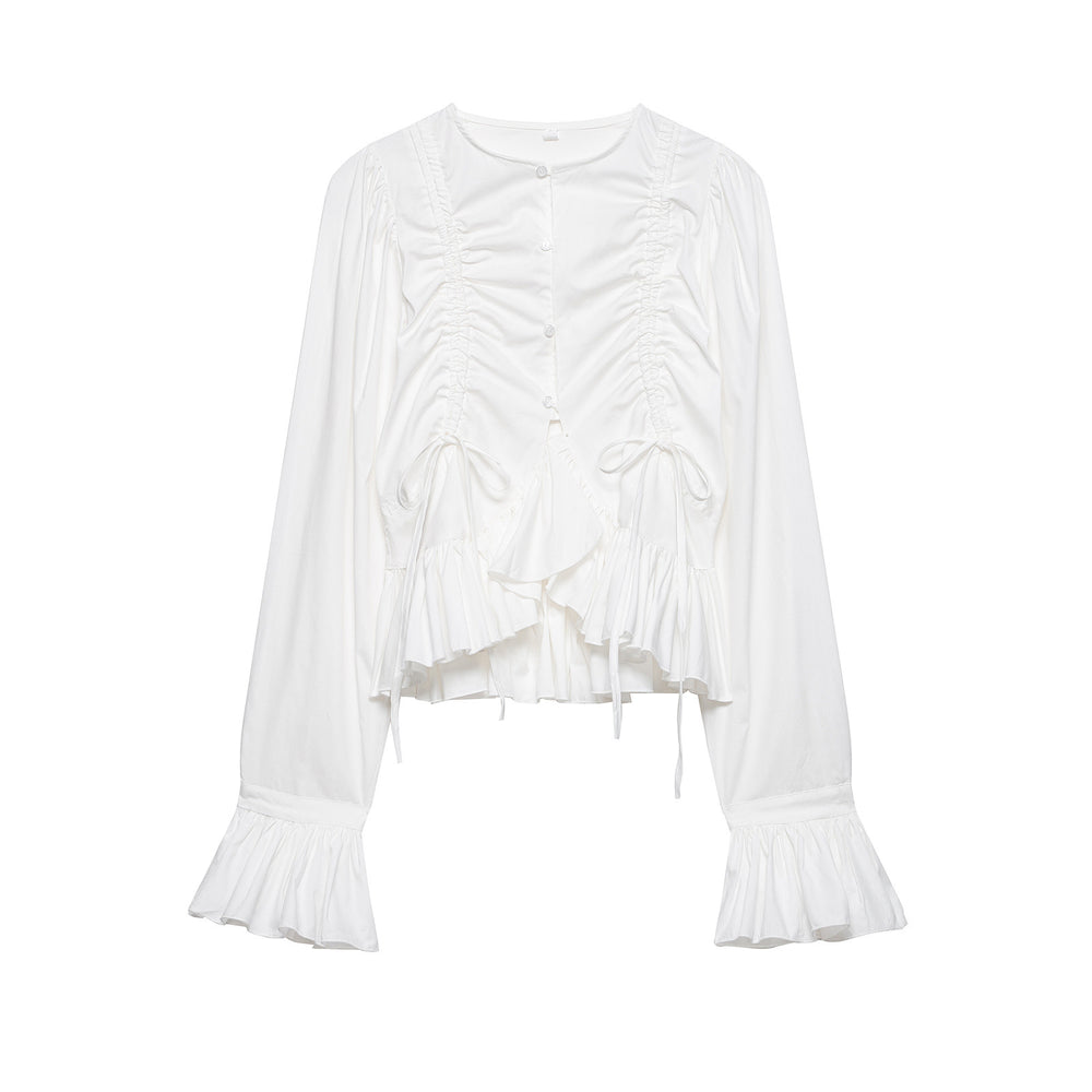 Damen Rüschige Bluse mit Kordelzug, Ballonärmeln und Volant-Saum Shop Nory