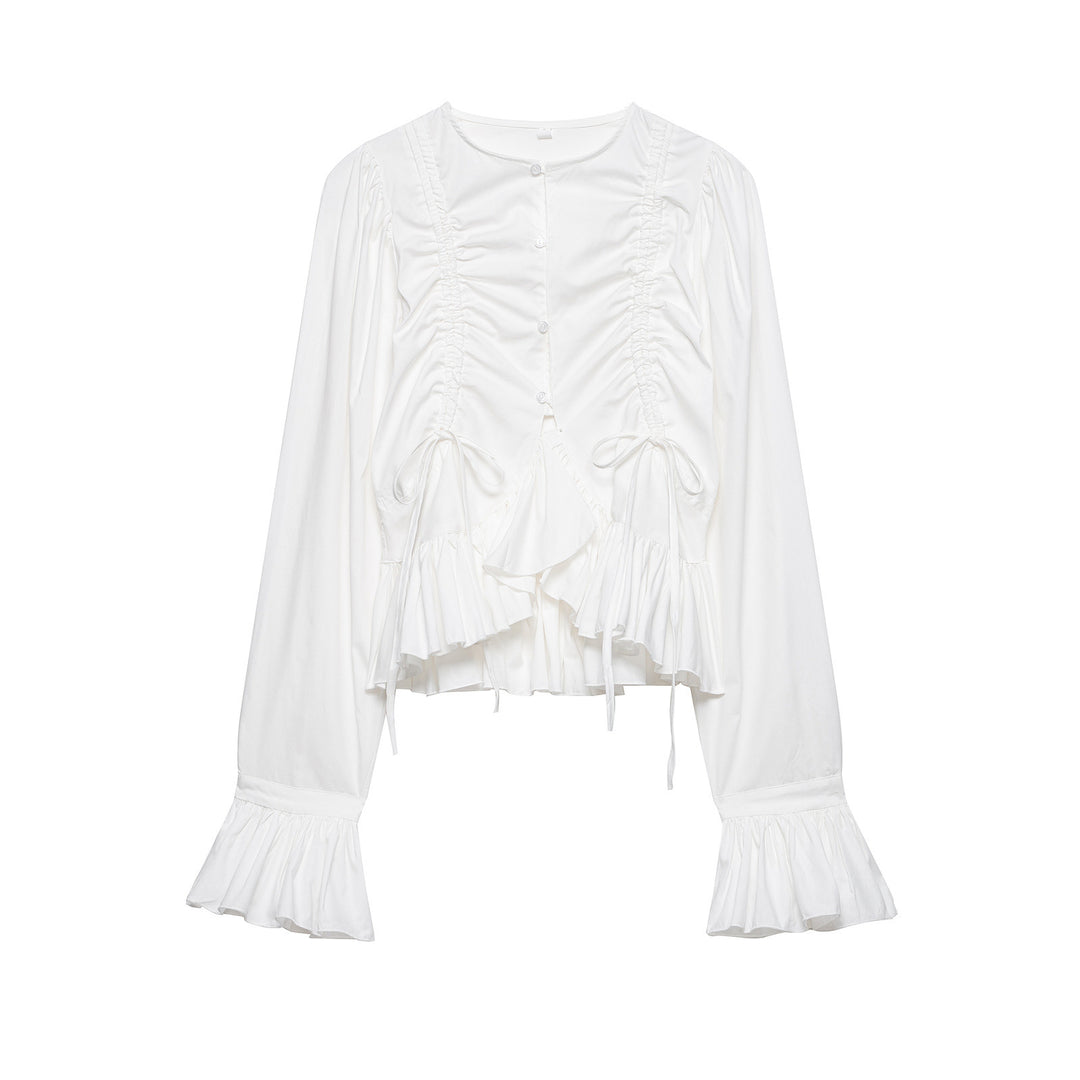 Damen Rüschige Bluse mit Kordelzug, Ballonärmeln und Volant-Saum Shop Nory