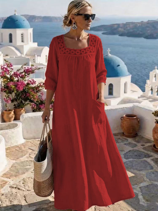 Damen Maxikleid mit gehäkeltem Quadrat-Ausschnitt, dreiviertel Ärmeln und Eingrifftasche Shop Nory