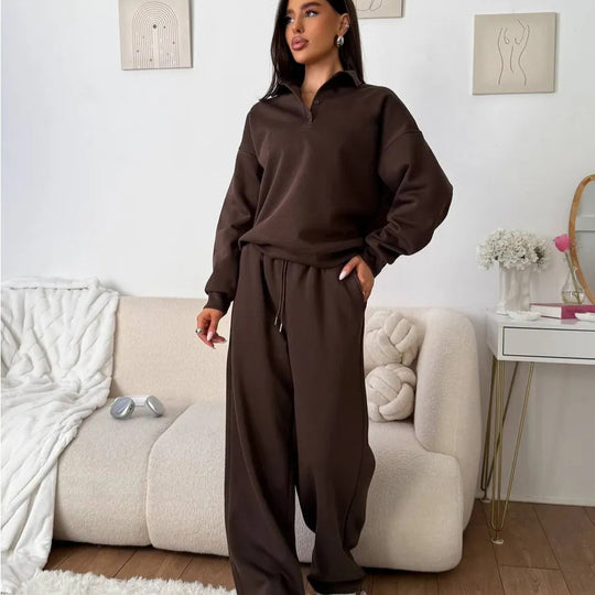 Damen weites Polo-Lounge-Set mit elastischem Tunnelzugbund und Wide‑Leg-Jogginghose Shop Nory