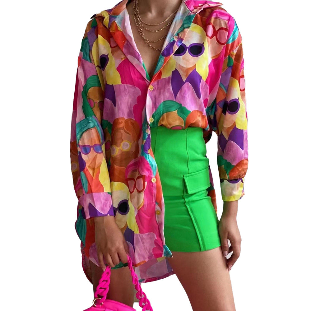 Damen Oversized Bluse mit buntem Grafikdruck