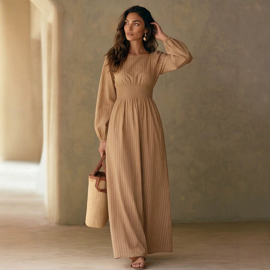 Damen Maxikleid mit Smok-Taillenband, Quadrat-Ausschnitt und langen Ballonärmeln Shop Nory