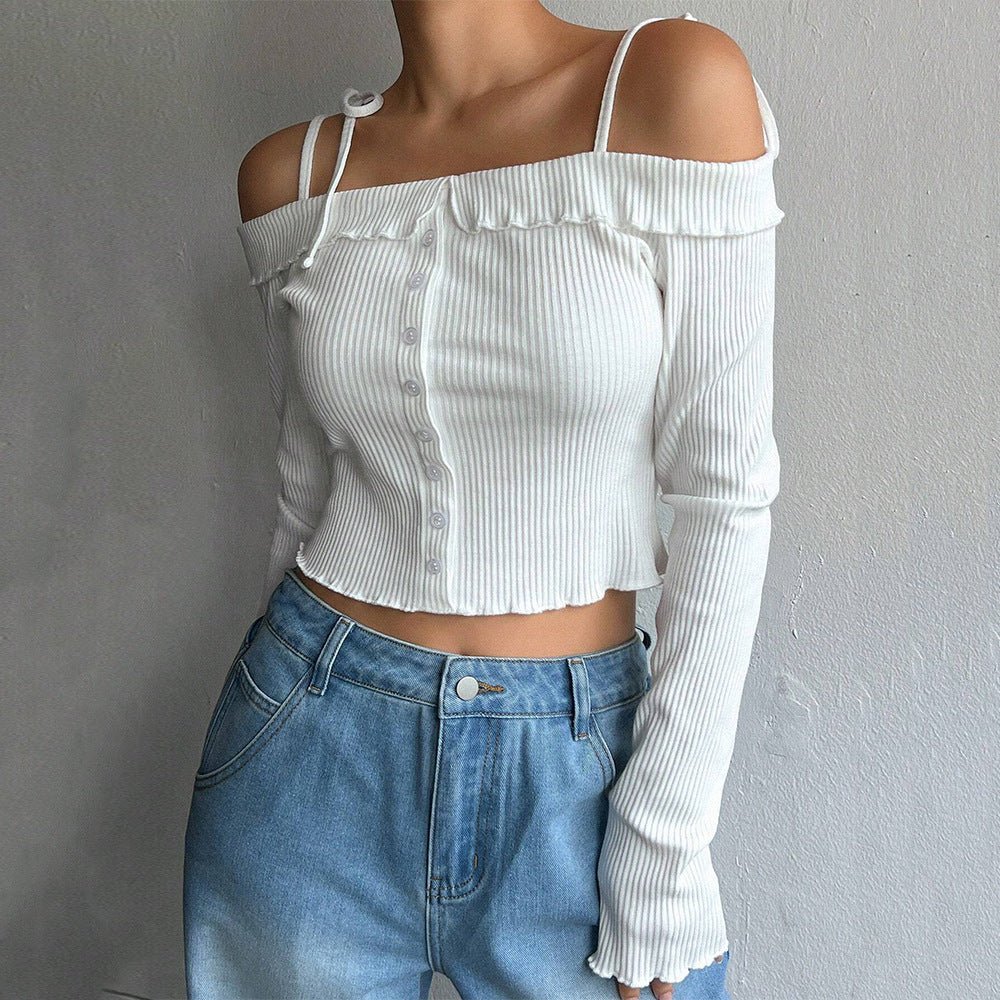 Damen geripptes schulterfreies Langarm-Cropped-Top mit Knopfleiste und Rüschensaum Shop Nory
