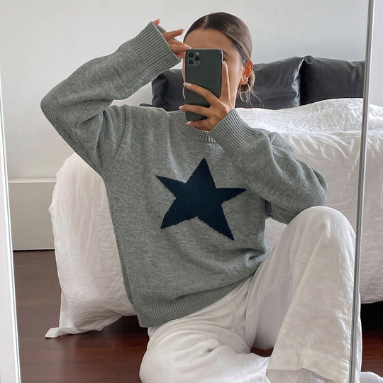 Damen Relaxed-Strickpullover mit Stern-Intarsie, Rundhalsausschnitt & lässigem Sitz Shop Nory
