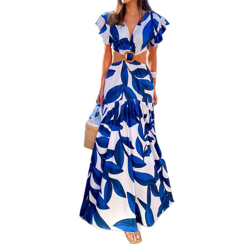 Damen Maxi-Kleid mit raffinierten Cut-Out-Details und voluminösen Rüschen Shopnory