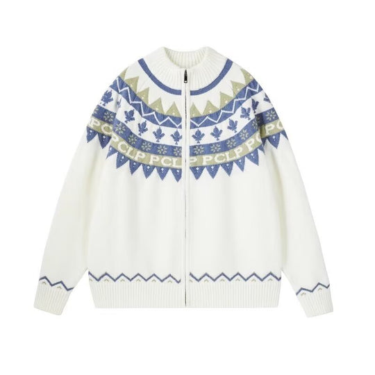 Damen Lässige Strick-Zipjacke mit Jacquard-Yoke und Rippbündchen Shop Nory