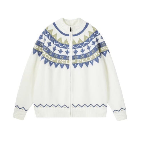 Damen Lässige Strick-Zipjacke mit Jacquard-Yoke und Rippbündchen Shop Nory