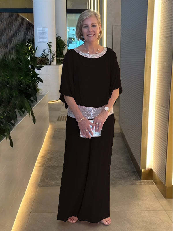 Damen Elegantes Abendzweiteiler mit Chiffon-Cape und Palazzo‑Hose Shop Nory