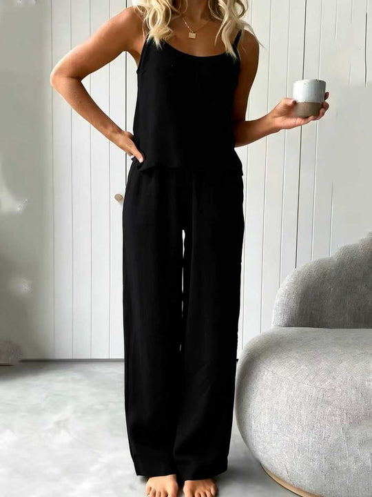 Damen lässiges Leinen-Set mit Trägershirt und weiten Hosen Shopnory