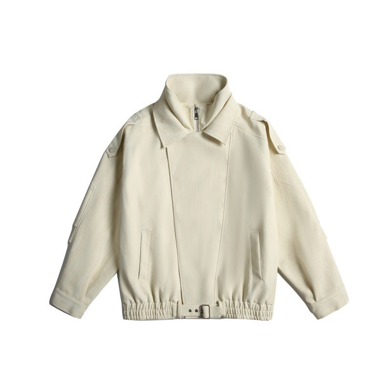 Unisex Kurz geschnittene Boxy-Blousonjacke mit Funnelkragen, Epauletten und Taillengürtel Shop Nory