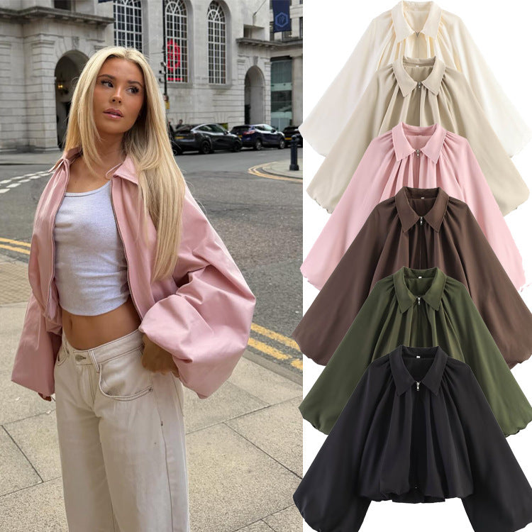 Damen Kurzcape mit Volumenärmeln, Reißverschluss und gerafftem Saum Shop Nory