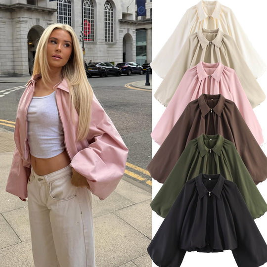 Damen Kurzcape mit Volumenärmeln, Reißverschluss und gerafftem Saum Shop Nory