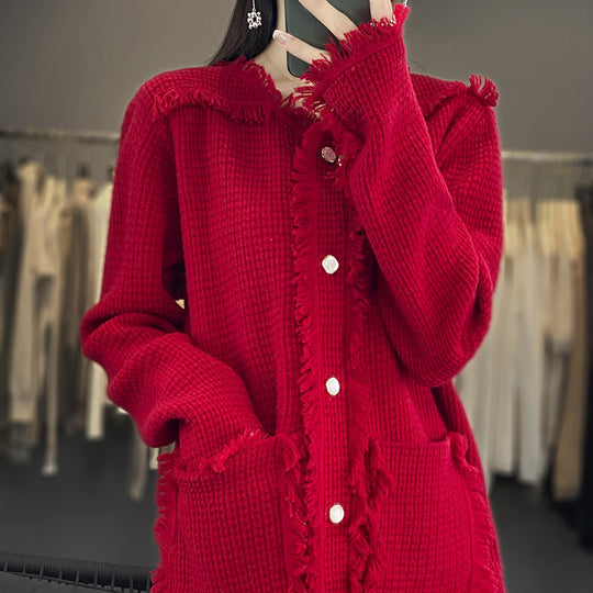 Damen Strickcardigan mit Fransenblende, Perlmuttknopfleiste und aufgesetzten Taschen Shop Nory