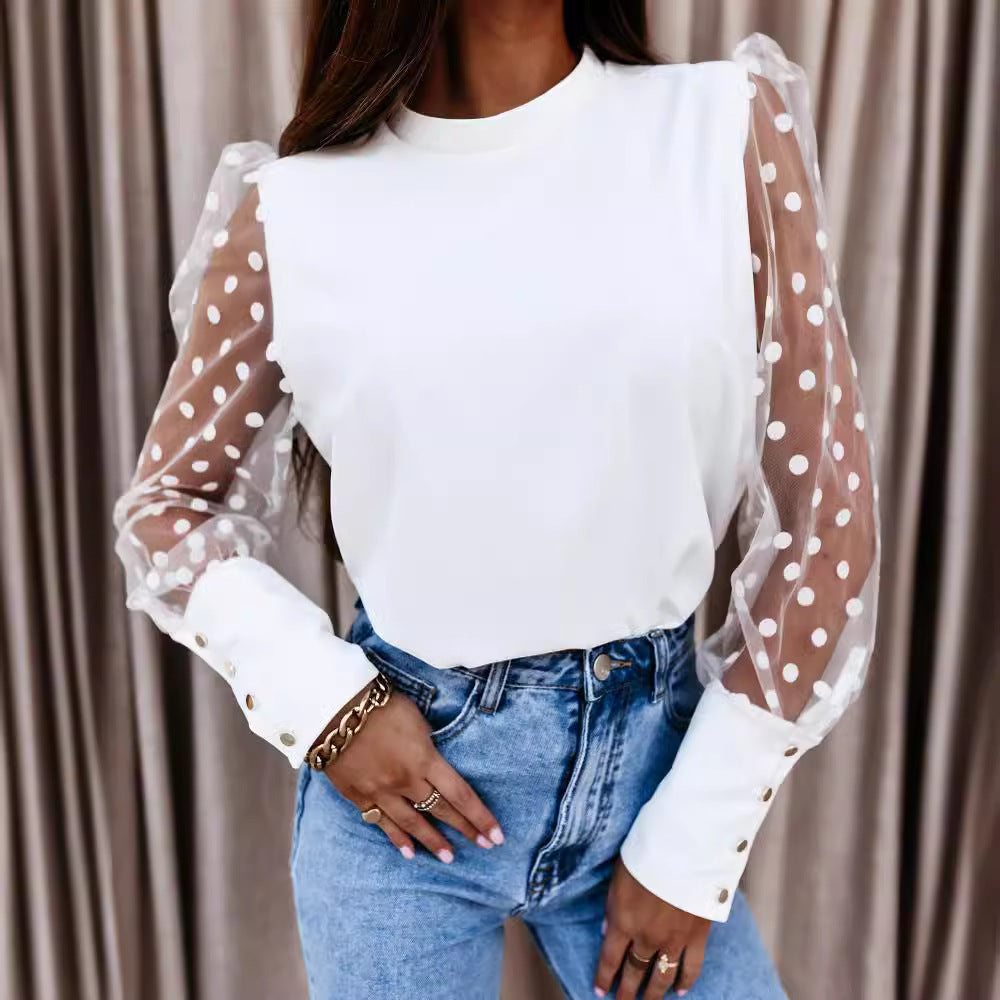Damen Bluse mit transparenten Puffärmeln und Punktmuster