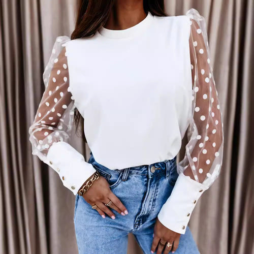 Damen Bluse mit transparenten Puffärmeln und Punktmuster