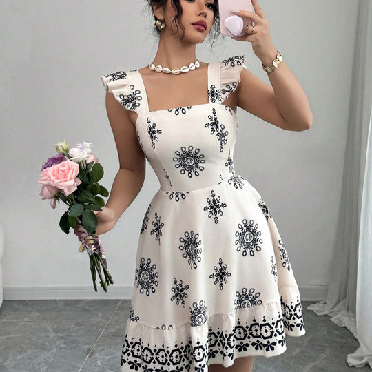 Damen Gestuftes Sommerkleid mit Quadrat-Ausschnitt, Rüschen-Trägern und bestickter A-Linie Shop Nory