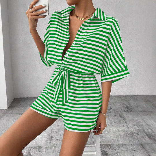 Damen Gestreifter Kurzoverall mit Hemdblusenkragen und Taillen-Bindegürtel Shop Nory