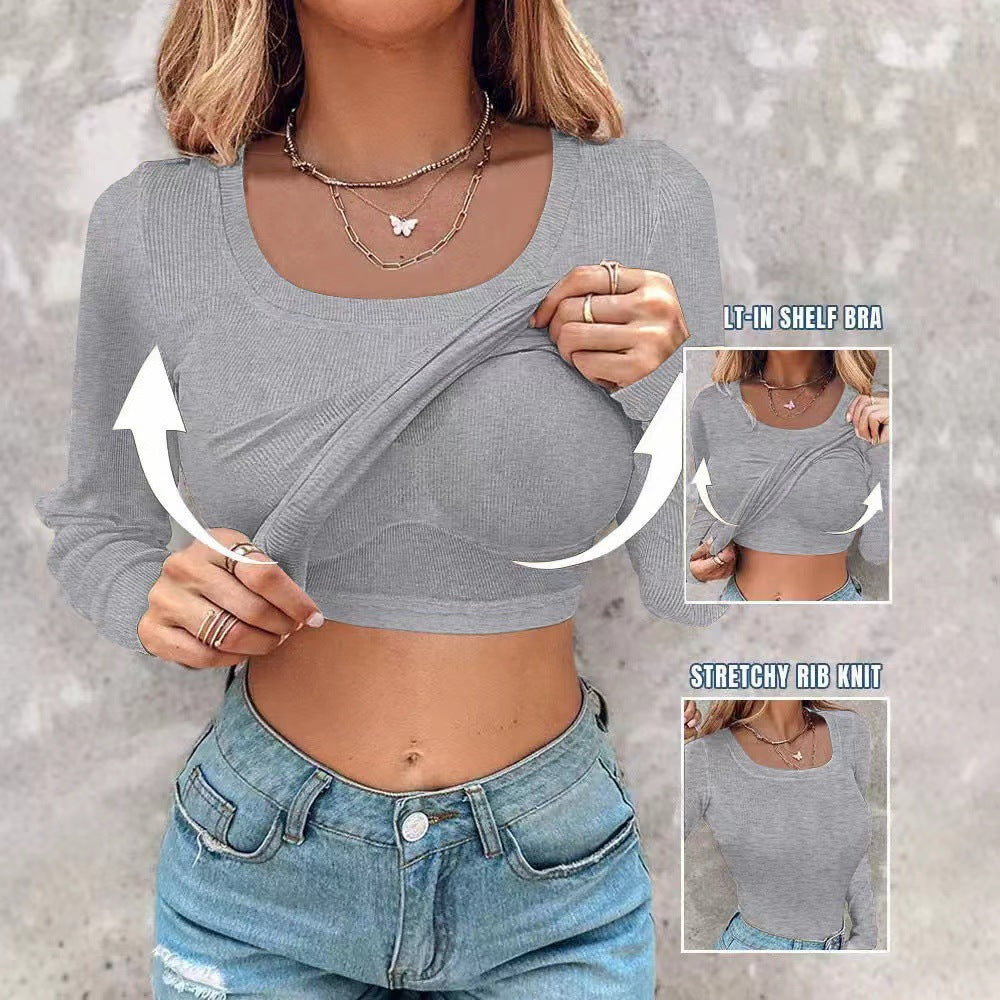 Damen Cropped Rippenstrick Langarmshirt mit integriertem Bustier Shop Nory