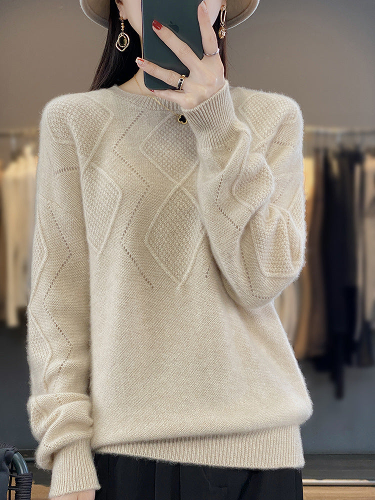 Damen Weicher Rautenmuster-Pullover im Mohair‑Look mit feiner Ajourstruktur und Rundhalsausschnitt Shop Nory