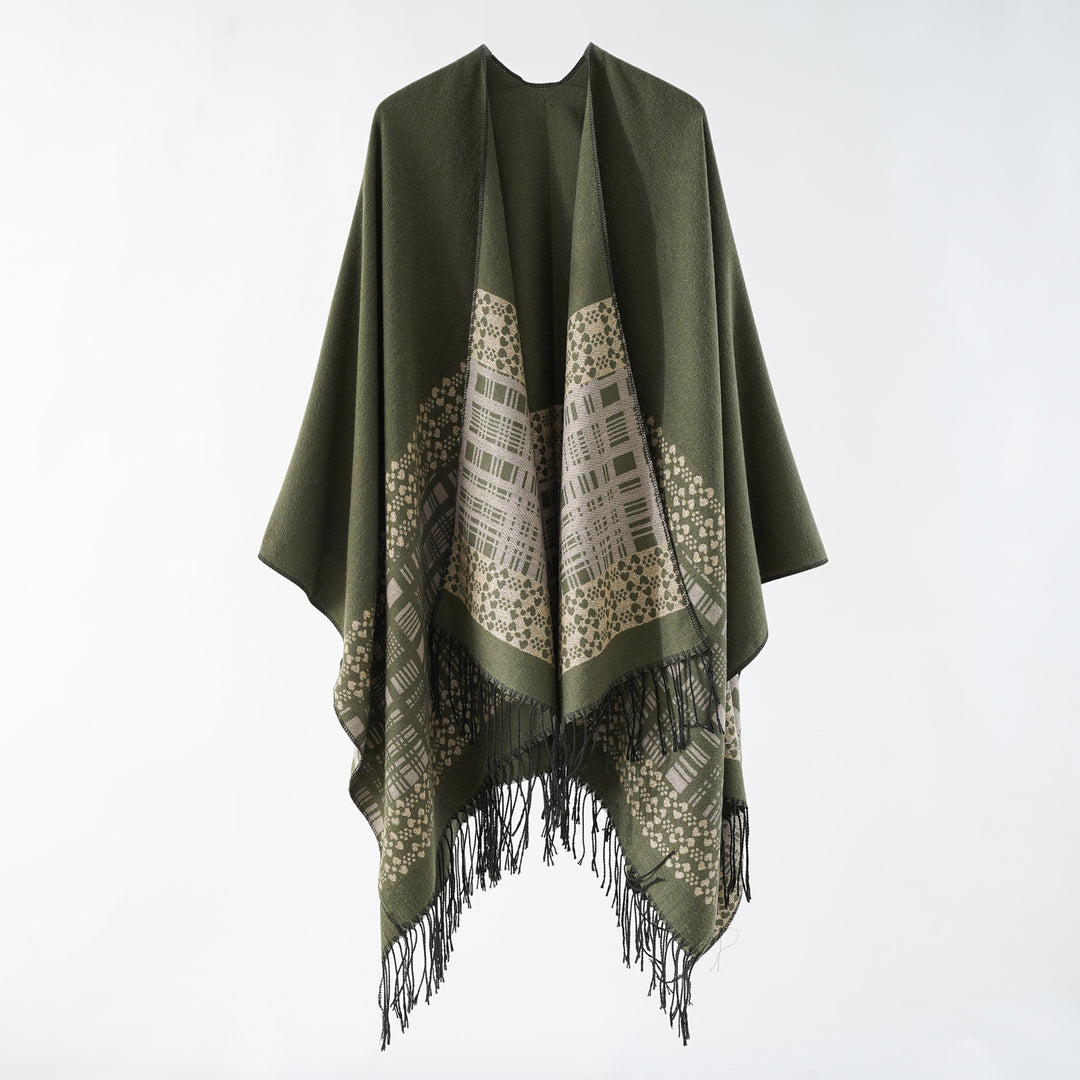 Damen Wollmix-Schulterponcho mit Jacquardmuster und Fransensaum Shop Nory