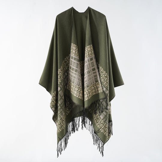 Damen Wollmix-Schulterponcho mit Jacquardmuster und Fransensaum Shop Nory