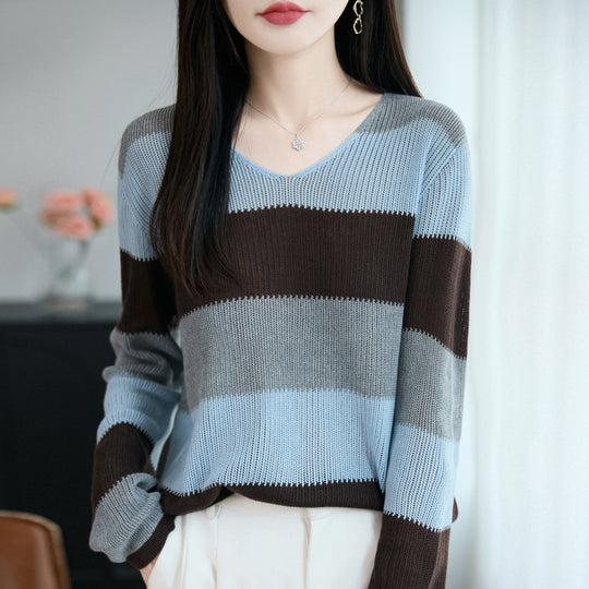Damen Leichter V-Ausschnitt Feinstrickpullover mit breiten Blockstreifen und entspannter Passform Shop Nory