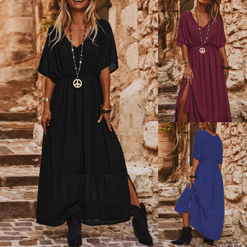 Damen Langes Boho‑Maxikleid mit V‑Ausschnitt, weiten Fledermausärmeln und hohem Beinschlitz Shop Nory