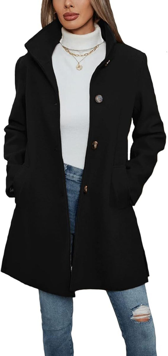 Damen Eleganter Wollmantel mit Hochgeschlossenem Kragen und Praktischen Taschen