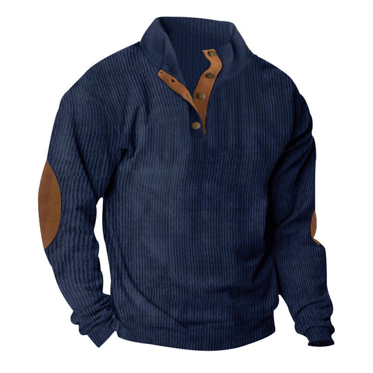 Herren Waffelstrick-Henley-Pullover mit Stehkragen und Ellbogen-Patches Shop Nory