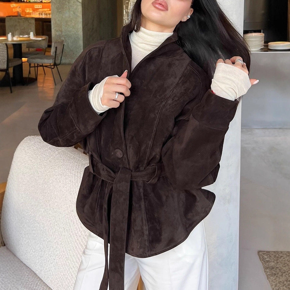 Damen Velourslederjacke mit Schalkragen und Bindegürtel Shop Nory