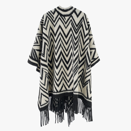 Damen Großer Fransenponcho im Oversize‑Cape mit geometrischem Zickzack‑Jacquard Shop Nory