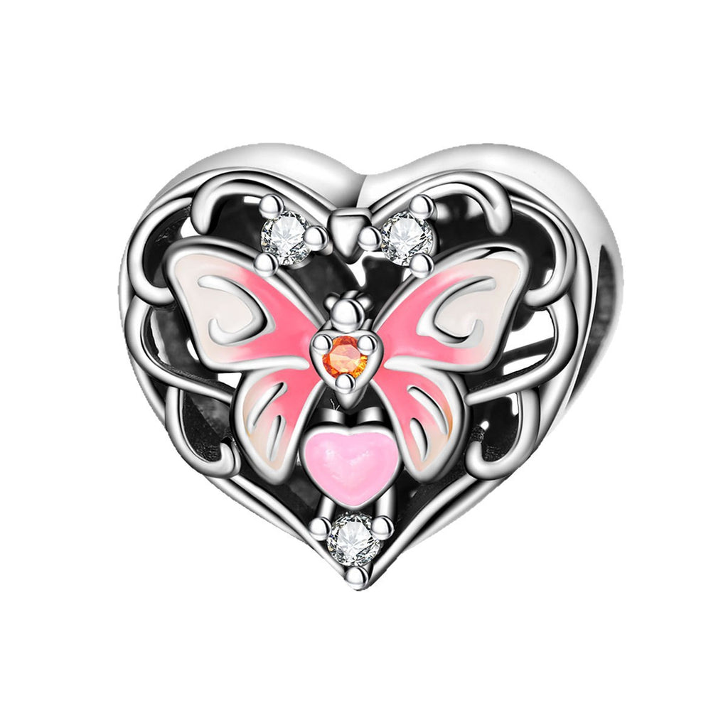 Filigraner Herz-Charms Anhänger mit Rosenmotiv und Zirkonia