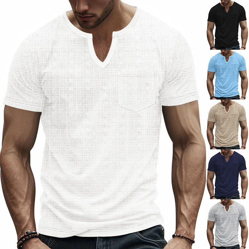 Herren Kurzarm V-Ausschnitt T-Shirt mit Brusttasche