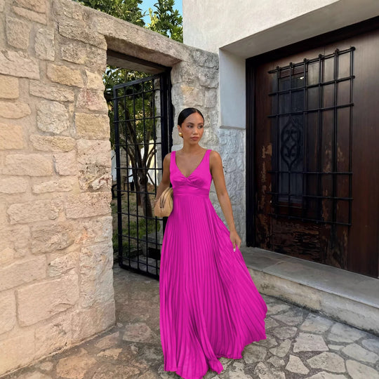 Damen Plisseekleid mit tiefem V-Ausschnitt und eleganter Silhouette