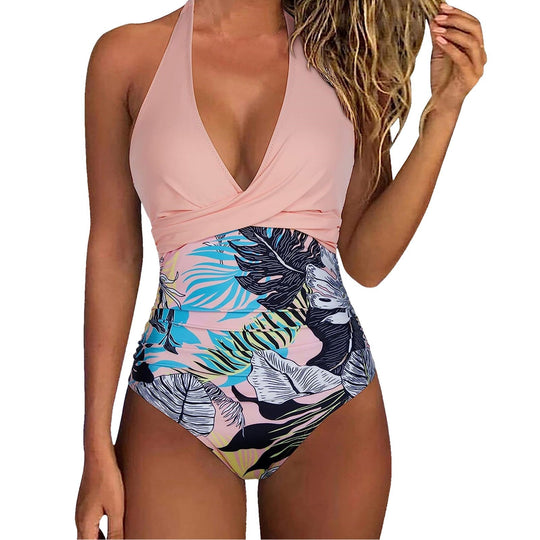 Damen Einteiler Badeanzug mit floralem Wickel-Design und verstellbaren Trägern