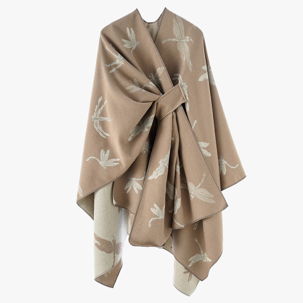 Damen Kaschmirähnlicher Jacquard‑Cape mit Libellen‑Motiv und Bindegürtel Shop Nory