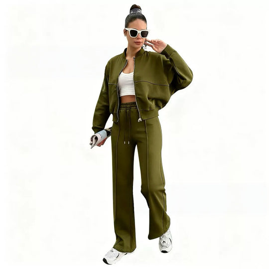 Damen nan kurz geschnittenes Blouson mit Reißverschluss und weiter High-Waist Jogginghose Set Shop Nory