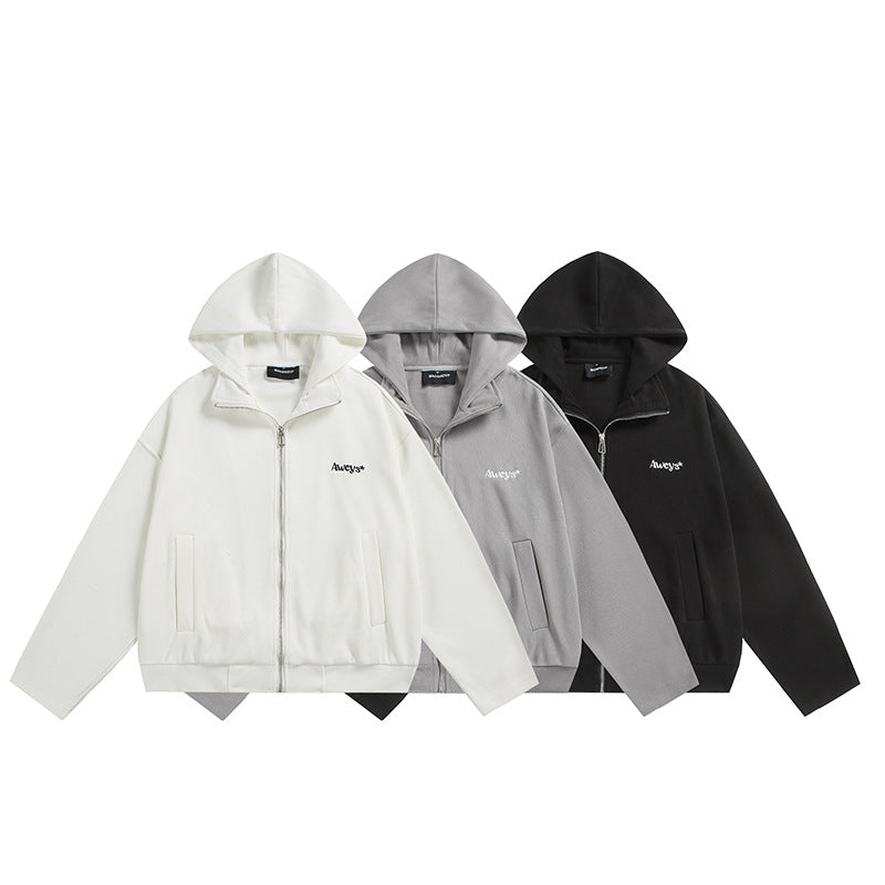 Unisex Oversize-Kapuzenjacke mit Zwei-Wege-Reißverschluss, geradem Saum und dezentem Logo-Emblem Shop Nory