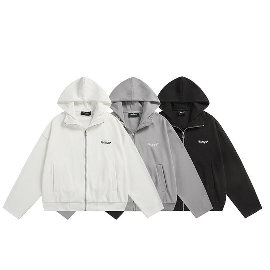 Unisex Oversize-Kapuzenjacke mit Zwei-Wege-Reißverschluss, geradem Saum und dezentem Logo-Emblem Shop Nory