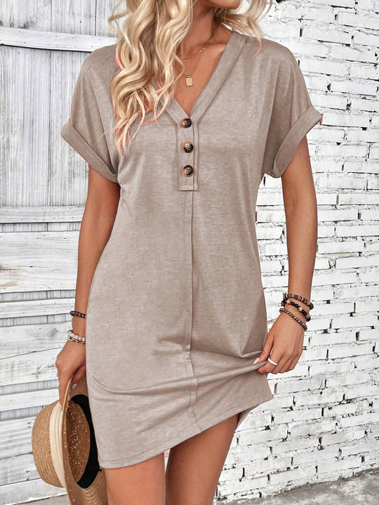 Damen Lockeres V-Ausschnitt Freizeitkleid mit Zierknopfleiste Shop Nory