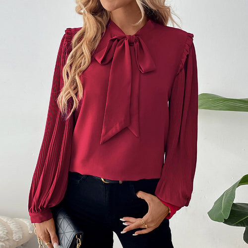 Damen Plissierte Chiffon-Bluse mit Schleifenkragen, Ballonärmeln und Rüschendetail Shop Nory