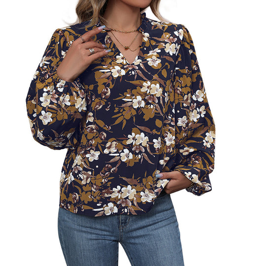 Damen Leichte Chiffonbluse mit floralem Alloverprint, V-Ausschnitt und voluminösen Bündelärmeln Shop Nory
