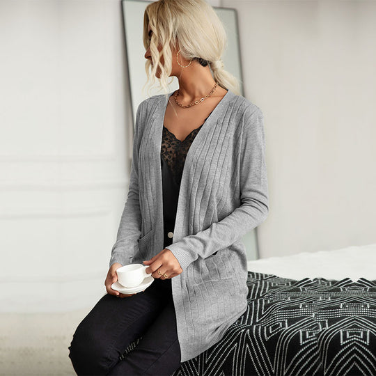Damen Langer Feinstrick-Cardigan mit Rippenstruktur und Eingrifftaschen Shop Nory