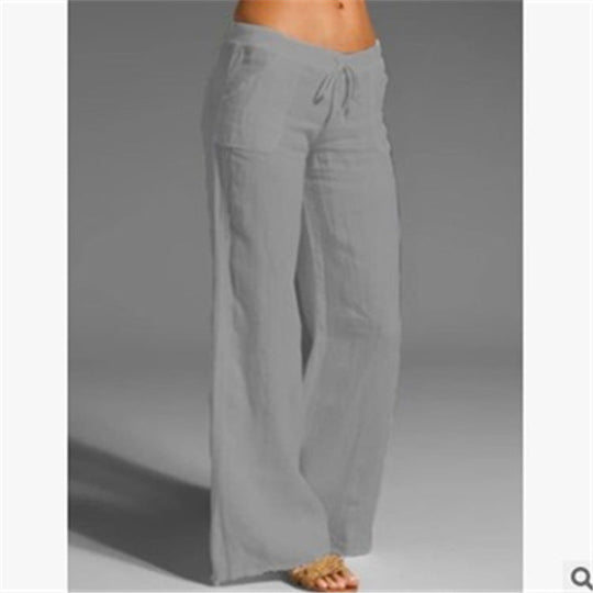 Damen weite Leinenhose mit hochgezogenem Bund und seitlichen Taschen